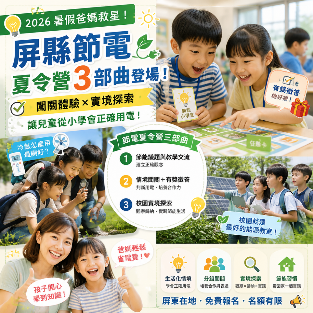 2026暑假爸媽救星!屏縣節電夏令營3部曲登場:闖關體驗實境探索,讓兒童從小學會正確用電