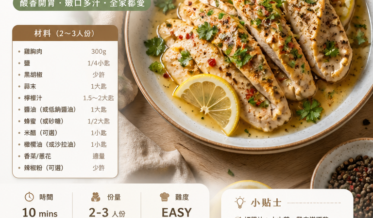 {拾青今晚吃什麼} 不沾鍋必學料理：10分鐘家常冷香檸檬雞胸＋健康少油教學（中式家常/家庭必做）