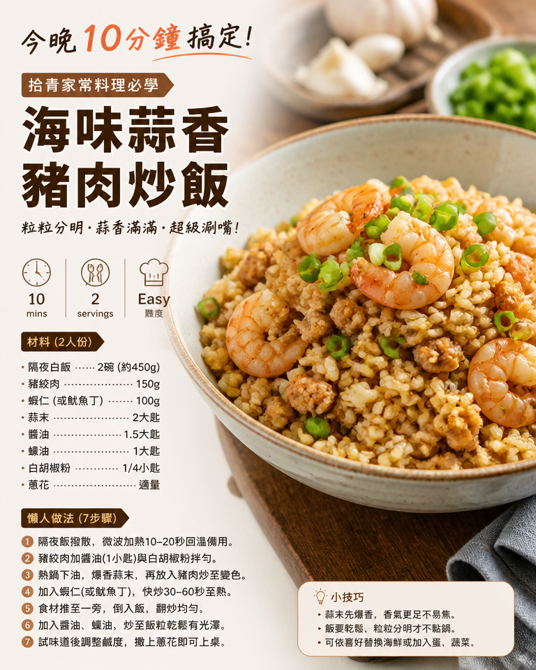 今晚10分鐘搞定！拾青家常料理必學：海味蒜香豬肉炒飯（附懶人食譜教學）