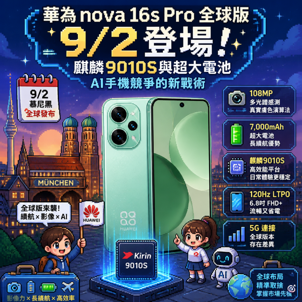 華為 nova 16s Pro 全球版9/2登場：麒麟9010S與超大電池，AI手機競爭的新戰術
