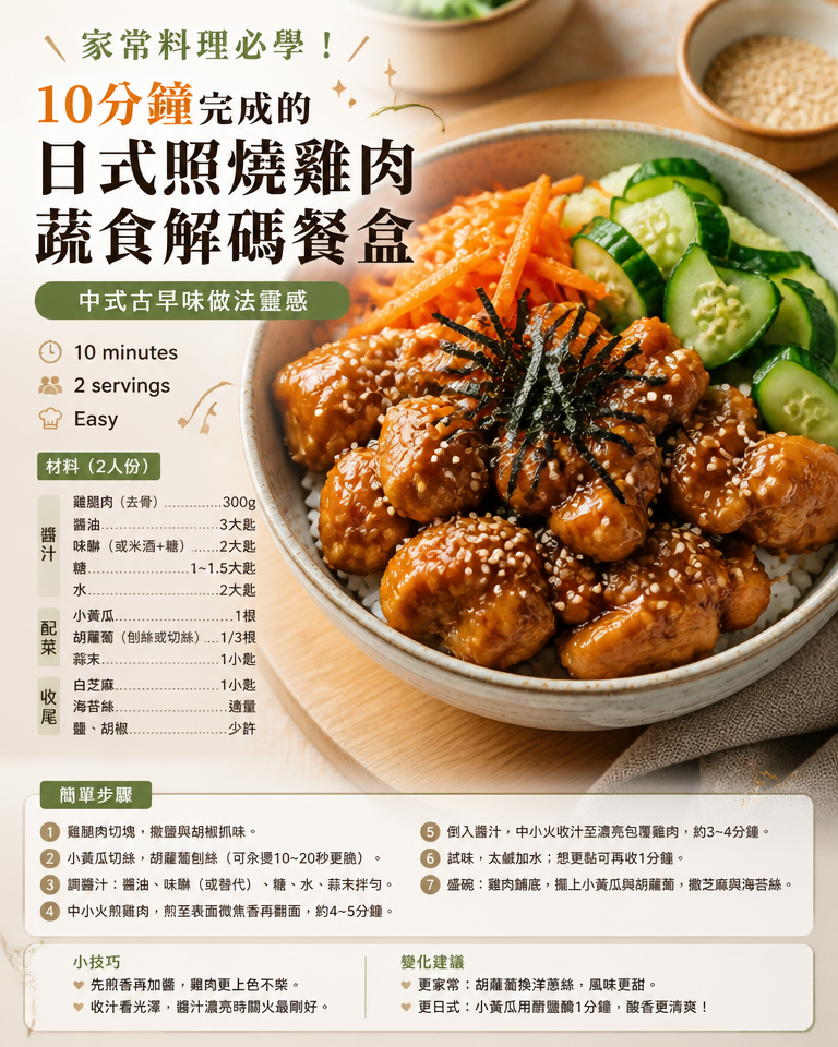 家常料理必學!10分鐘完成的日式照燒雞肉蔬食解碼餐盒(中式古早味做法靈感)