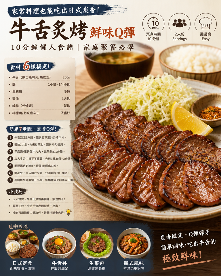 家常料理也能吃出日式炭香:10分鐘懶人食譜|牛舌炙烤鮮味Q彈(家庭聚餐必學)