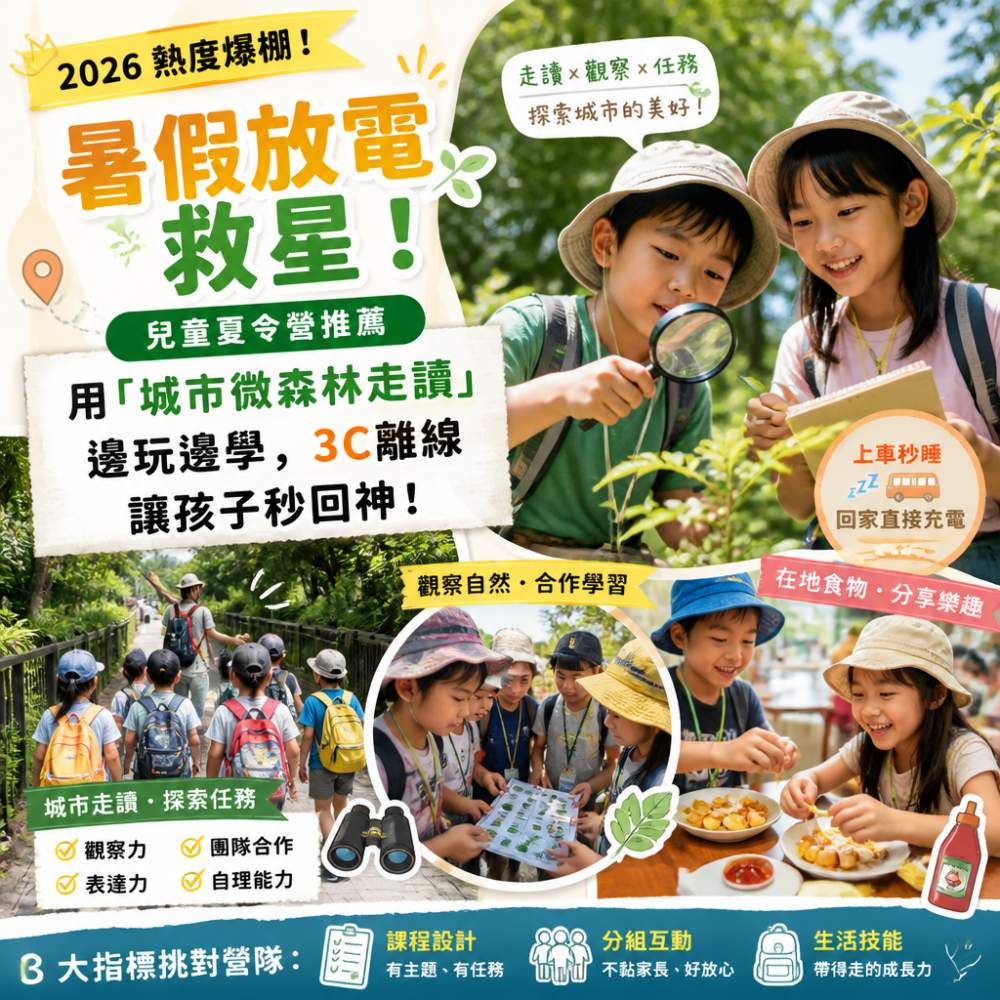 暑假放電救星!兒童夏令營推薦:用「城市微森林走讀」邊玩邊學,3C離線讓孩子秒回神(2026熱度爆棚)