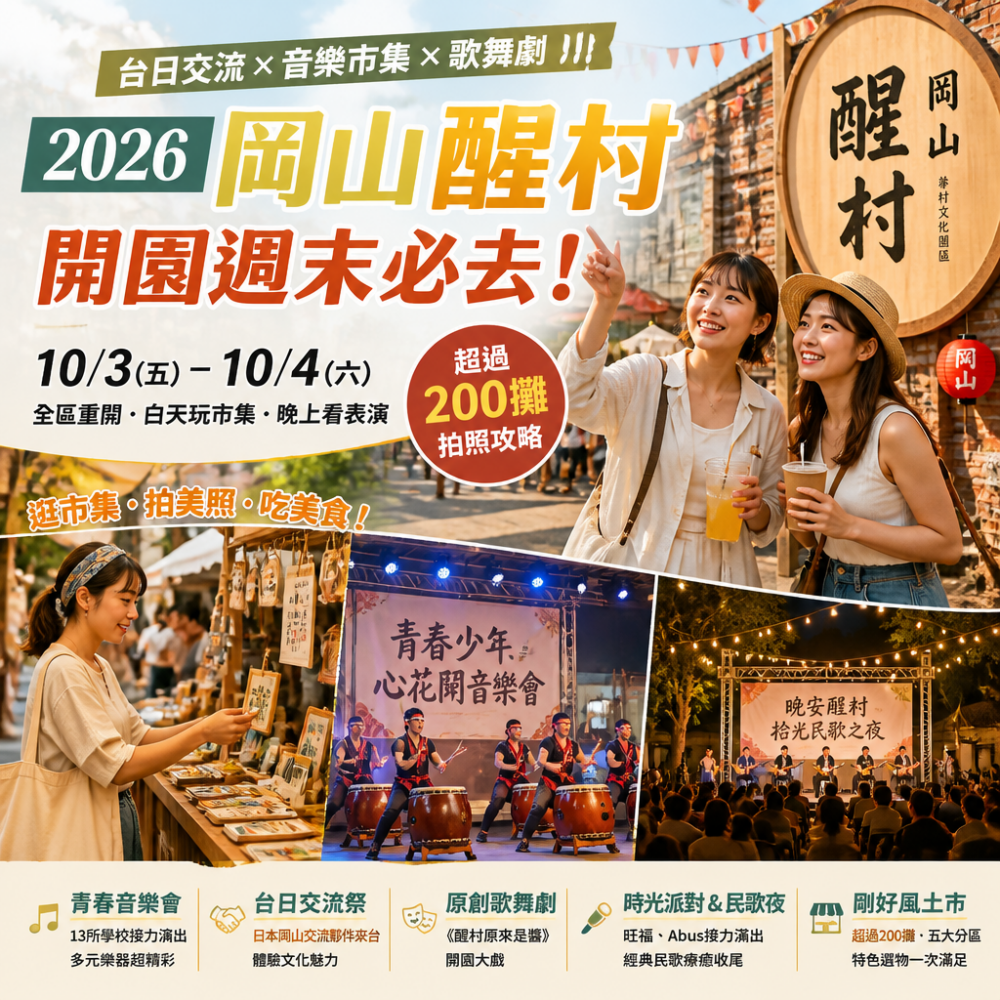 2026岡山醒村開園週末必去！10/3-4台日交流x音樂市集x歌舞劇｜超過200攤拍照攻略